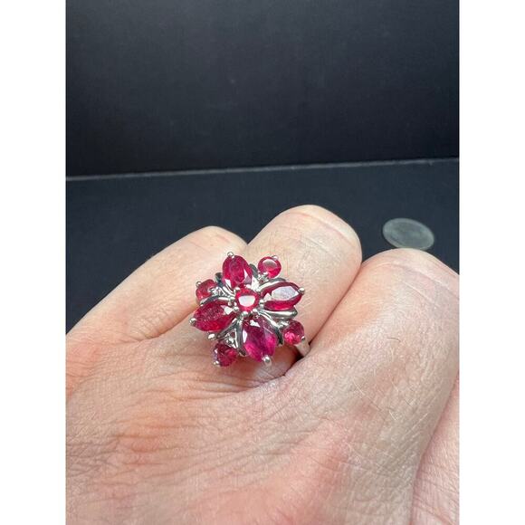 Vintage ruby flower cluster sterling silver ring size 7 - Picture 14 of 16
